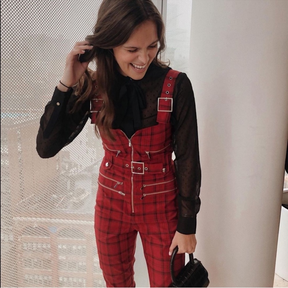 WeWoreWhat Moto overalls in red plaid